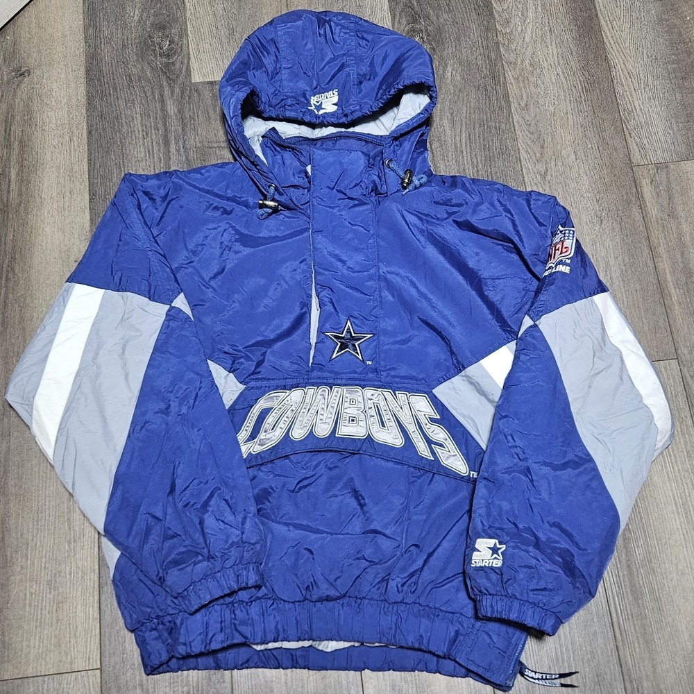 Vintage 90s Starter NFL Dallas‎ Cowboys 1/2 Zip Pullover Hooded Jacket Quilted M